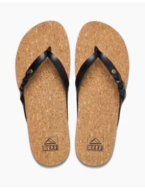 Reef Cushion Court Twist Sandals Womens 9 Black Cork Footbed Flip Flops Casual